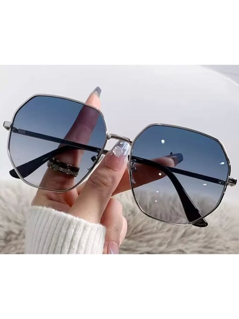 Unisex Hexagonal Oversized Blue Gradient Sunglasses With Silver Metal Frame